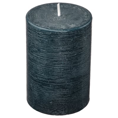 FRUKTSKOG black candle, cylindrical, textured surface, unlit wick, rustic forest scent.