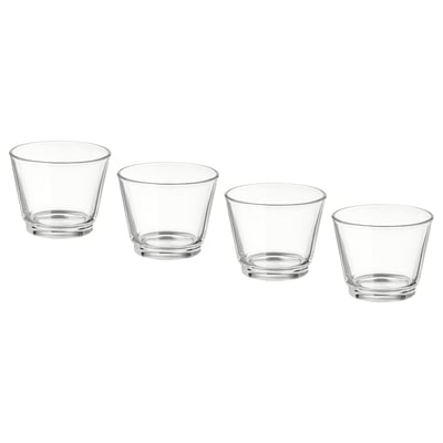 Four GALEJ glass tealight holders in clear colour, stackable, simple and elegant design.