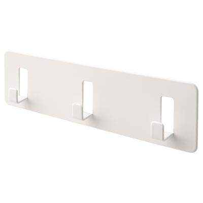A white GALTBOX wall rack with three hooks. Its made of steel and has a simple, rectangular design.