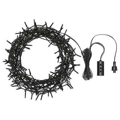 Image displays GETKÅL black led light wreath with control box and plug. Circular shape with interwoven lights, control panel, and power cord.