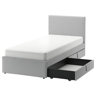 A modern grey GLADSTAD upholstered bed frame with two storage drawers for space saving. It a padded headboard and clean lines.