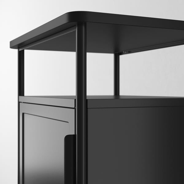 Modern black metal bedside table with open and closed storage. Sleek design, robust materials.
