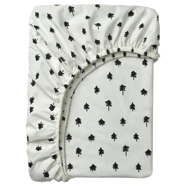 Baby sheet, white with black tree print, elastic edges, soft cotton-viscose mix.