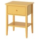 Bright yellow GULLABERG bedside table with one drawer and lower shelf. Square top, tapered legs, simple design.