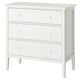 A white GULLABERG 3-drawer chest. Its compact, rectangular with smooth handles, and stands on tapered legs.