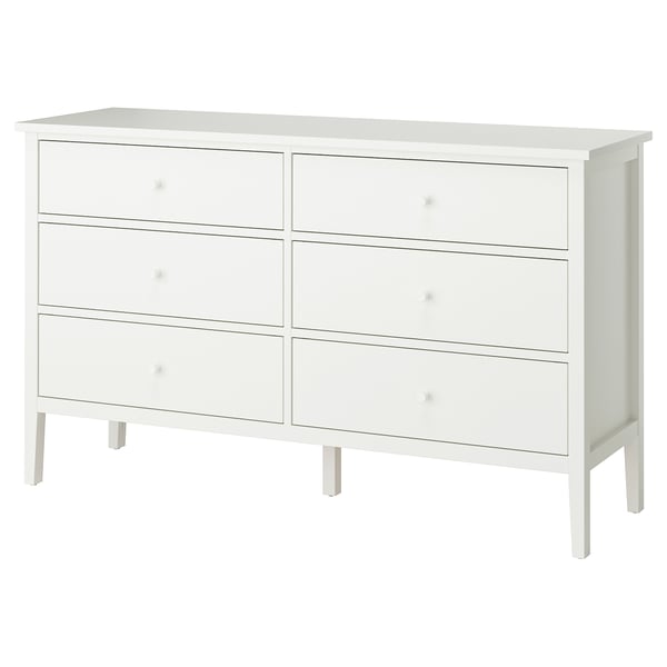 A white GULLABERG chest of drawers with six drawers, featuring a traditional, robust design with smooth-running drawers and wooden knobs.