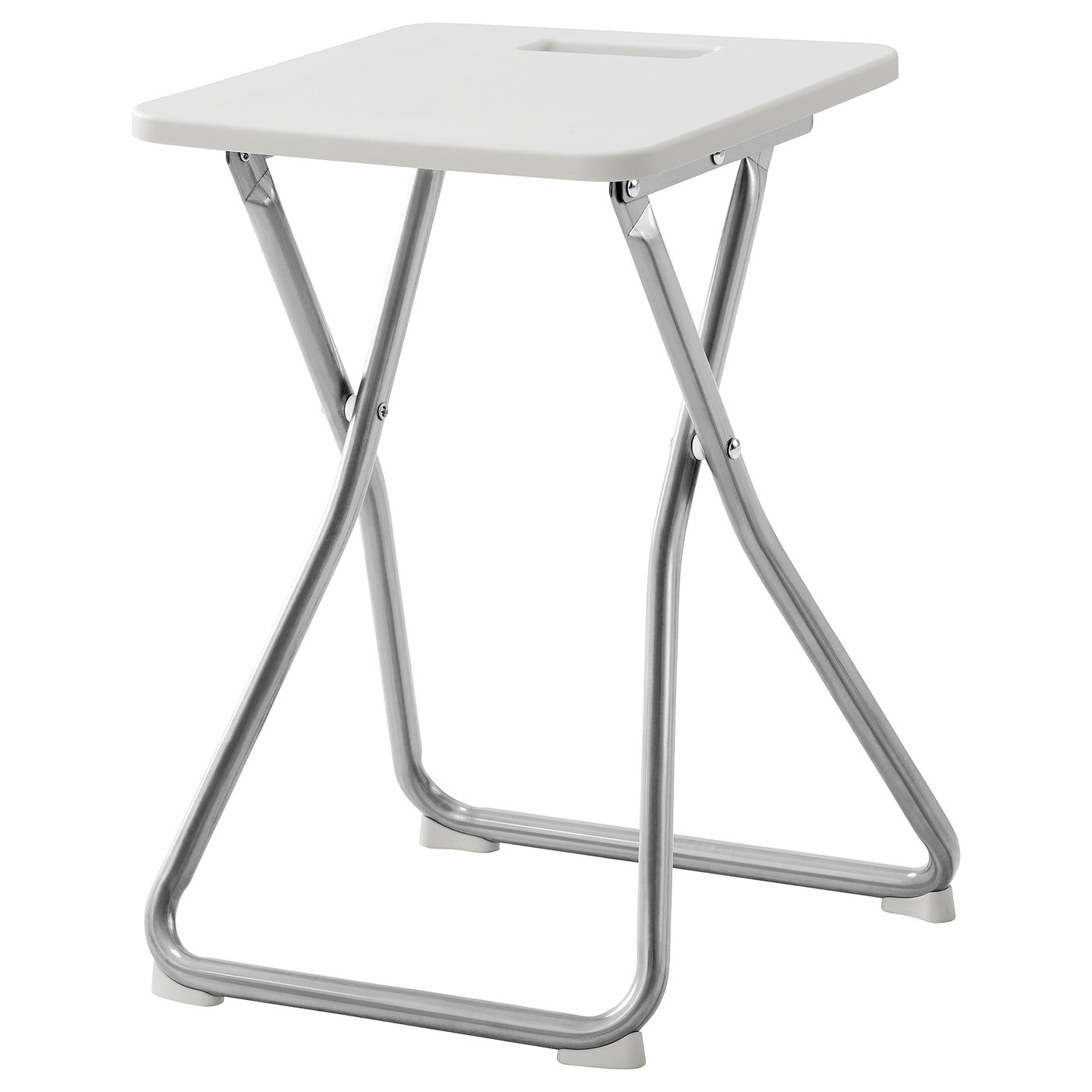 A GUNDE white folding stool with metal legs. Its compact and easy to store, designed for small spaces.