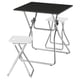 A GUNDE folding table set. It includes a black table and two white stools. The metal frames are silver for durability and easy storage.