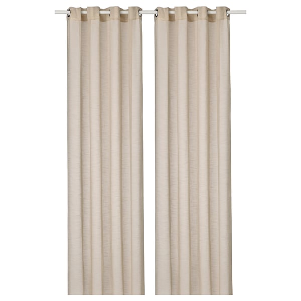 Two light beige sheer curtains hang side by side with a textured linen look, featuring metal eyelets at the top for a modern curtain.