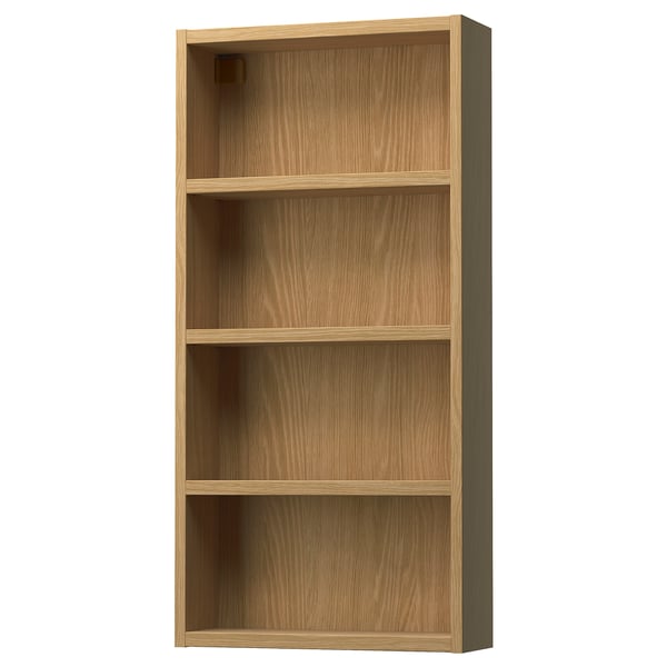 HAGAÅN oak shelf, wall-mounted with four open compartments. Simple, modern design for bathroom or home organisation.