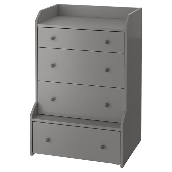 HAUGA grey chest with four drawers, sleek design, sturdy wooden construction, perfect for bedroom or living room storage.