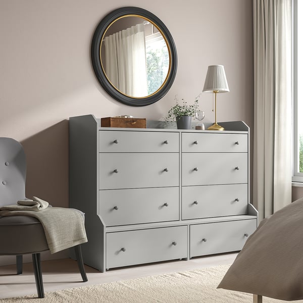 Grey HAUGA chest with 6 drawers & mirror.