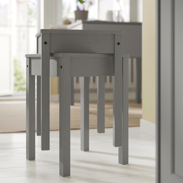 Grey pine stools, simple, stackable.
