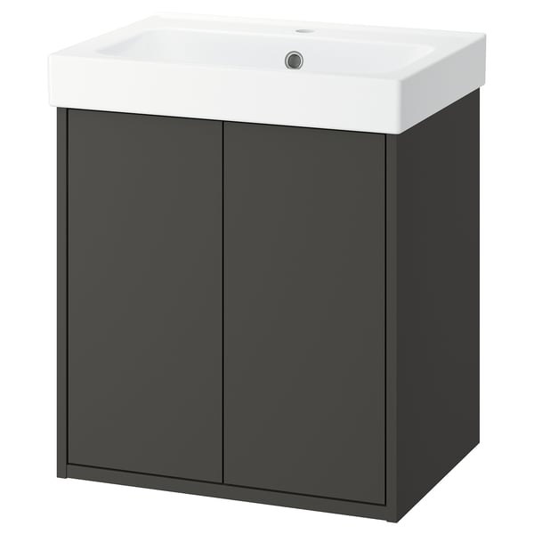 HAVBÄCK dark grey bathroom cabinet with square white basin, wall-mount, sleek modern design.