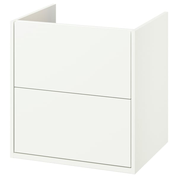 Havbaeck white bathroom cabinet with drawers, sleek design, wall-mount or leg-supported.