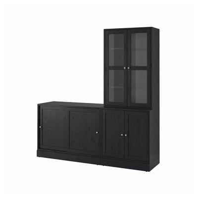 HAVSTA black wooden cabinet set: sideboard & glass-door unit; rustic, solid pine; & hides items; brushed finish.