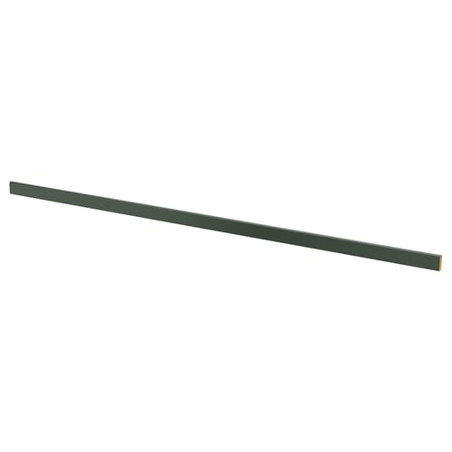 Green kitchen cabinet hides lighting and cords.