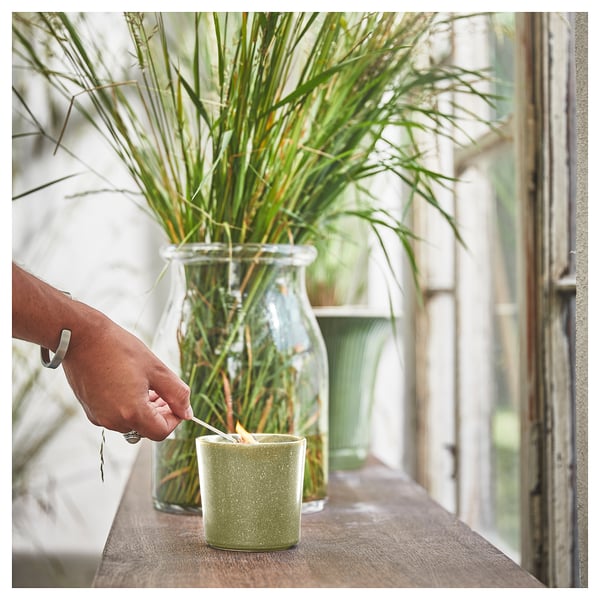 Person lights green HEDERSAM candle next to plant. Bright, natural scene with daylight.