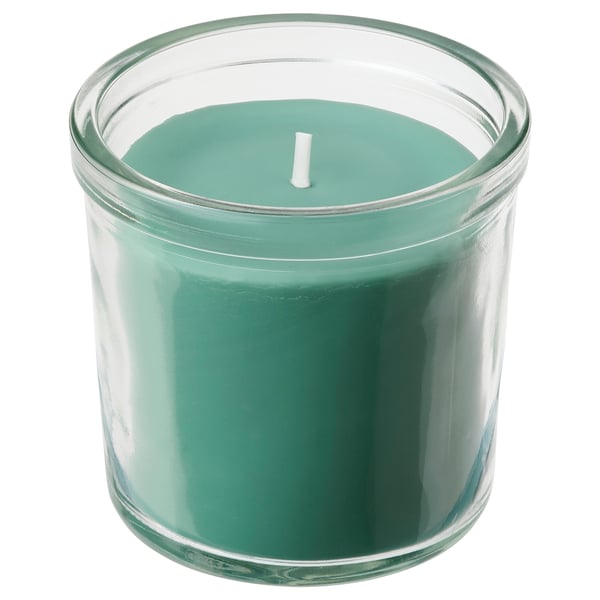 HEDERSAM scented candle: turquoise glass, cylindrical, plant-based wax, cotton wick.