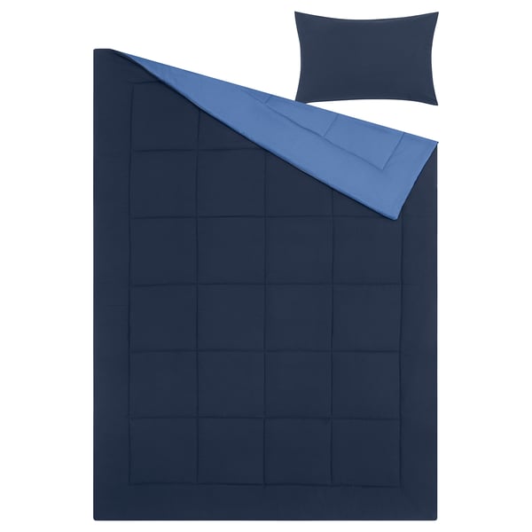 HEDFRYLE blue bedding set, navy and light blue, square pattern, quilted, includes comforter and pillow sham.