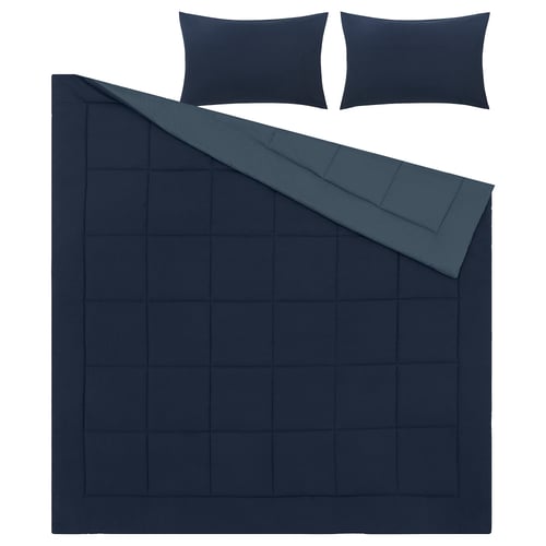 HEDFRYLE navy bedding set; soft recycled polyester, square design with contrasting edges.