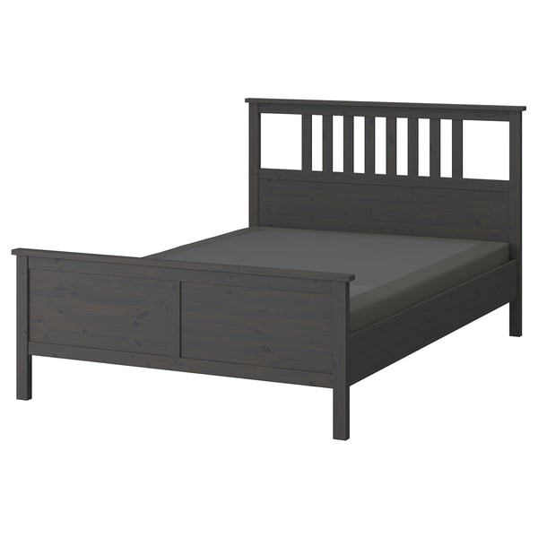 Dark grey HEMNES solid wood bed with adjustable sides.