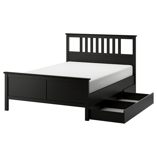 Black wooden bed with white mattress, under-bed storage, sleek design.