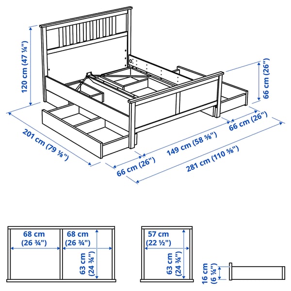 Illustration with measurements for the product: HEMNES.