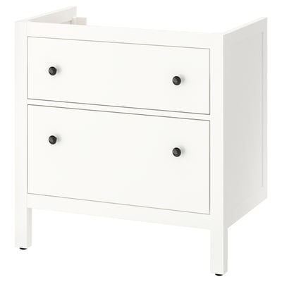 White HEMNES bathroom cabinet, two drawers with black knobs.