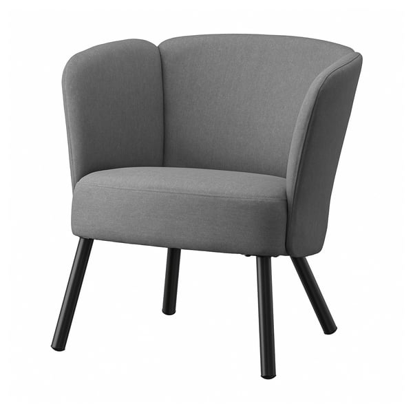 Modern grey chair, named HERRÅKRA. Rounded shape, angled legs. Comfortable with fabric cover, black metal legs.