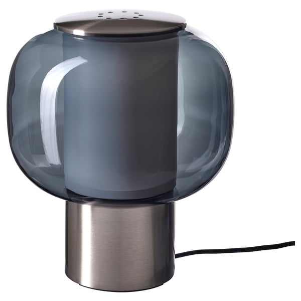 HÖGVIND lamp. Smoky glass, sleek chrome base. Round shape with soft lighting. Modern design.