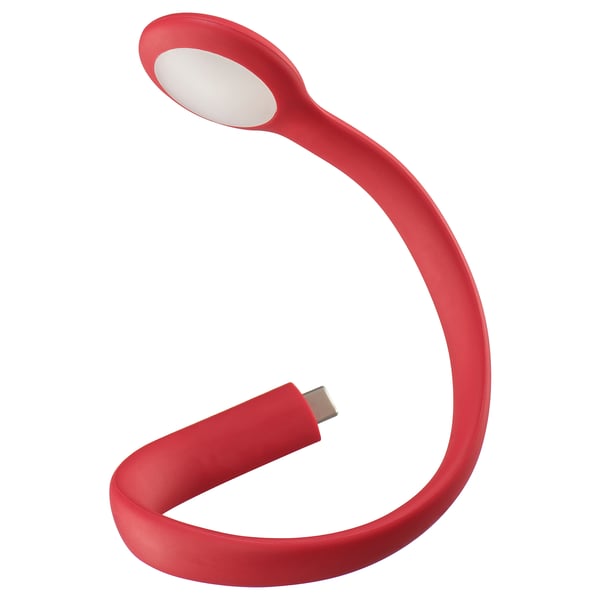 Red flexible gooseneck usb lamp, adjustable, led, plastic & silicone.