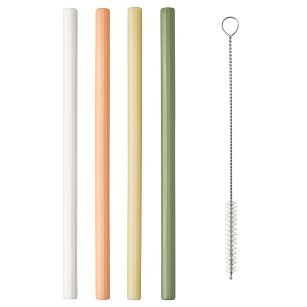 Colourful reusable plastic straws & cleaning brush. White, orange, yellow, green. Straight design.
