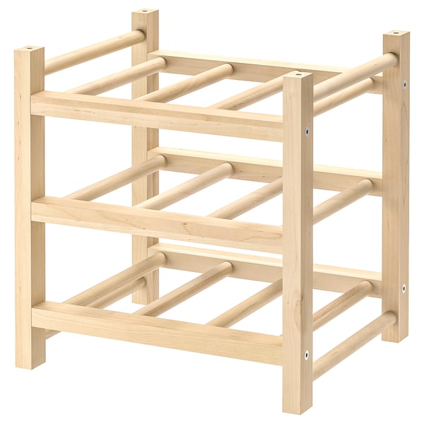 Light wood square wine rack: HUTTEN, 4 tiers, natural finish, sturdy design, holds 9 bottles.