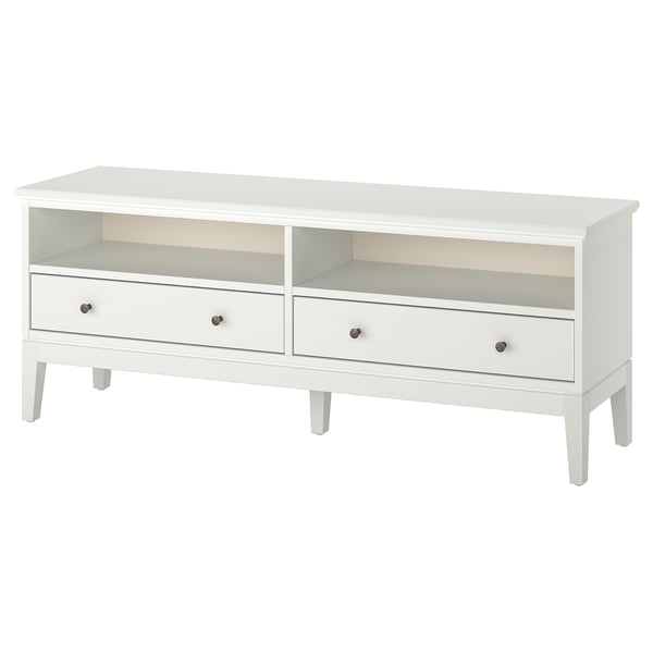 White IDANÄS tv stand: 4 legs, 2 drawers, open shelves, clean modern design.