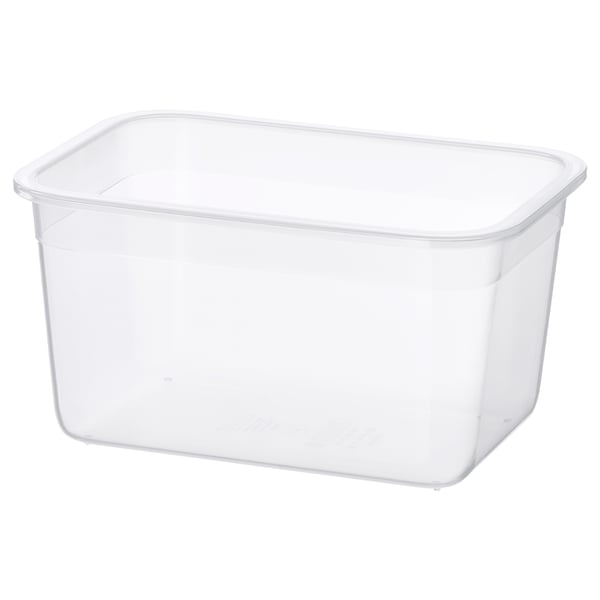 A clear, empty IKEA 365+ plastic food container, rectangular in shape, ideal for storing leftovers.