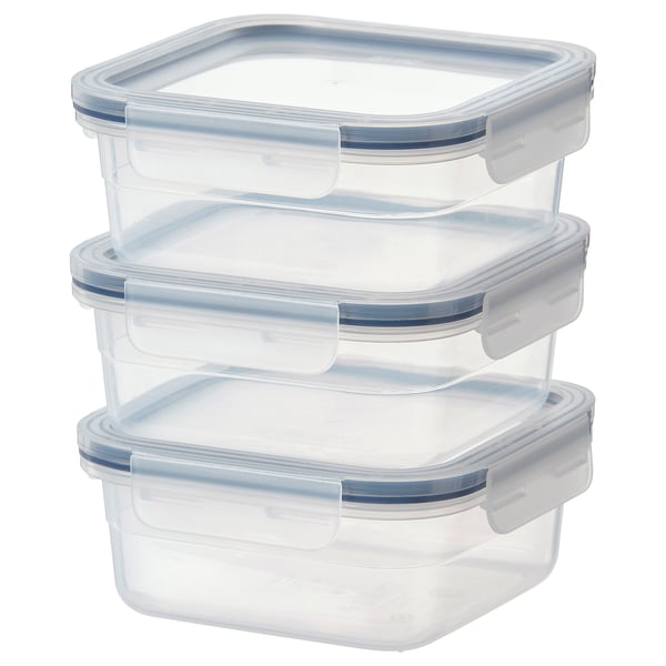 Three clear square IKEA 365+ food containers with snap-lock lids, stacked neatly.