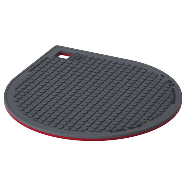 Black silicone potholder, red trim, non-slip.