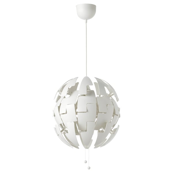 A white IKEA PS 2014 pendant lamp with a spherical, geometric design and hanging cord.