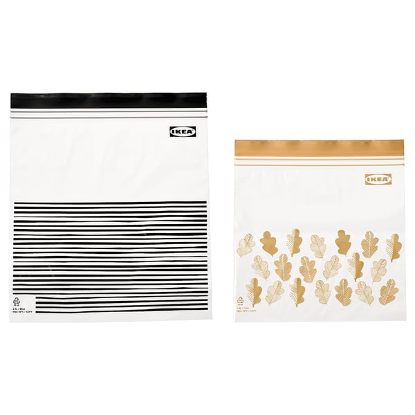 Two sealed ikea bags, one with black stripes, the other with gold leaf designs, displayed side by side.