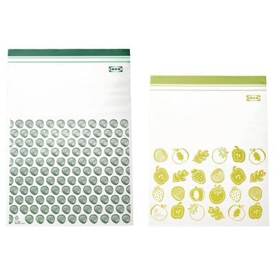 Two ikea ISTAD bags, one with green and one with yellow seals, trendy designs for food storage, translucent with resealable closures.