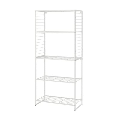 JOSTEIN white metal shelving unit, four tiers, outdoor/indoor use, rust-resistant, simple design.
