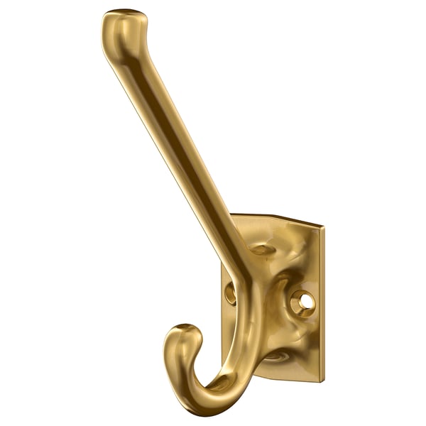 KÄMPIG gold coat hook, nickel-plated aluminium, wall-mounted, curved design, clear acrylic lacquer finish.