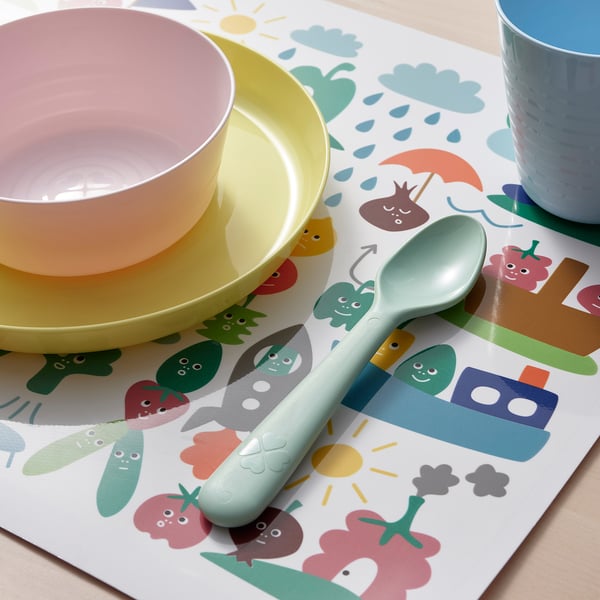 Colourful, durable kids table set with bowl, plate, cup, spoon. Ideal for independent eating.