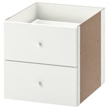 Ikea KALLAX white drawer unit, square shape, two-drawer design, made of fiberboard and particleboard, modern decor storage solution.