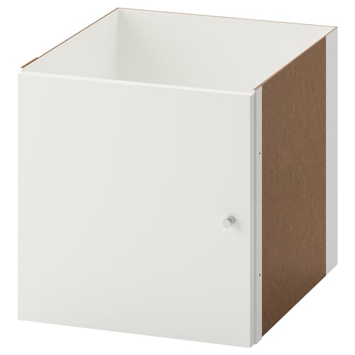 KALLAX white cube unit, made of particleboard and fibreboard. Simple, square design with back panel.