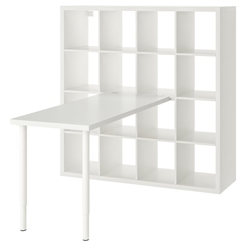 White KALLAX desk and shelf combination. Minimalist design with adjustable table height and multiple storage cubes.