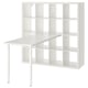 White KALLAX desk and shelf combination. Minimalist design with adjustable table height and multiple storage cubes.