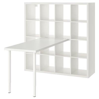 White KALLAX desk and shelf combination. Minimalist design with adjustable table height and multiple storage cubes.