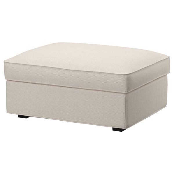 A KIVIK footstool in beige, featuring a square, cushioned design with a removable, machine-washable cover made from recycled polyester and cotton.